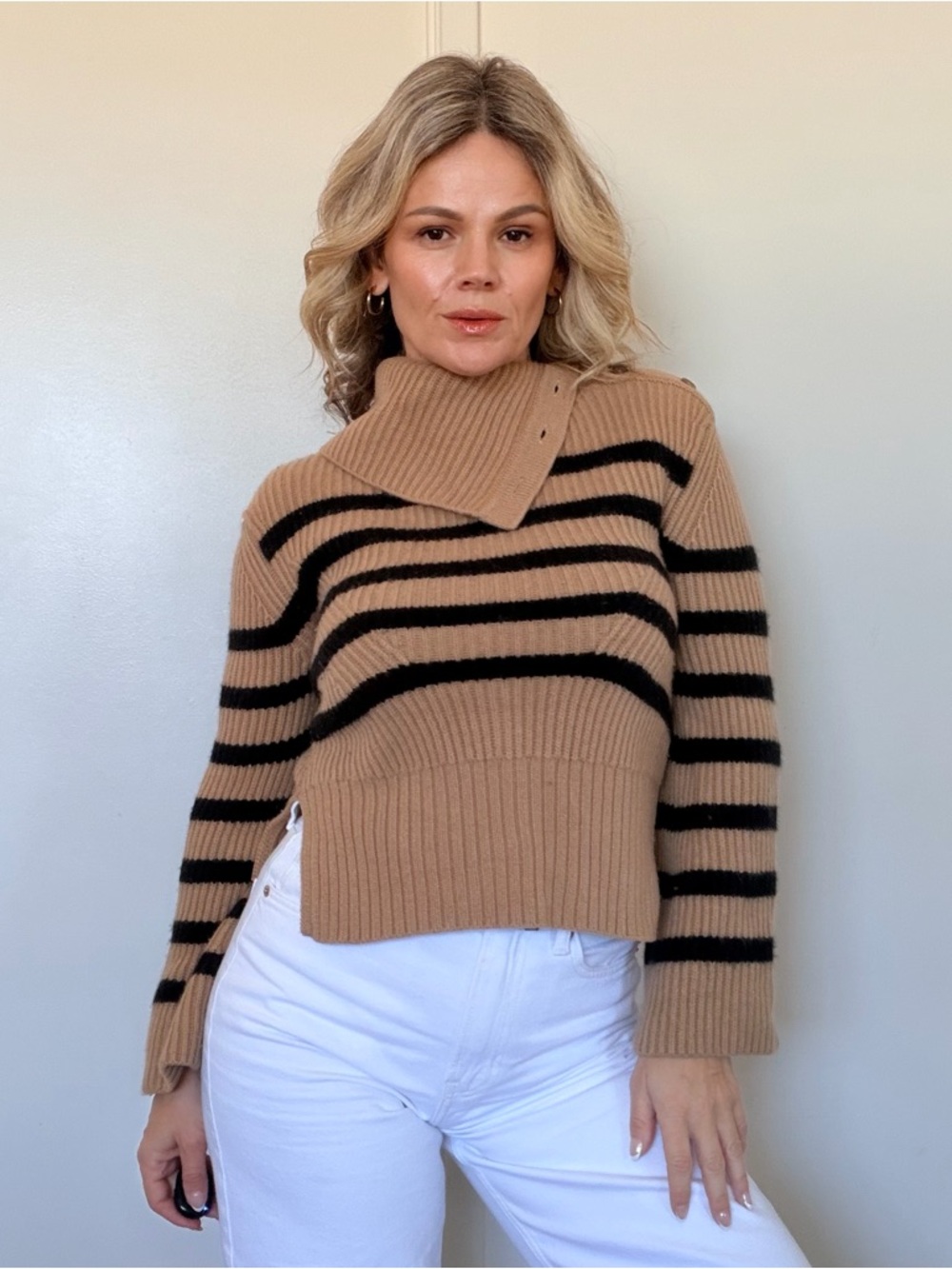 SIMKHAI Adrienne Turtleneck Wool Cashmere Sweater in Camel Melange Black Stripe